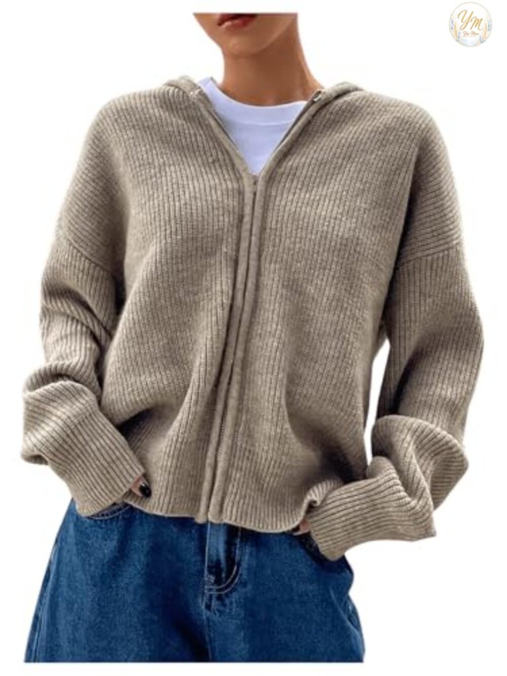 Womens Knit Zip Up Cardigan Hooded Sweater Long Sleeve Drop Shoulder